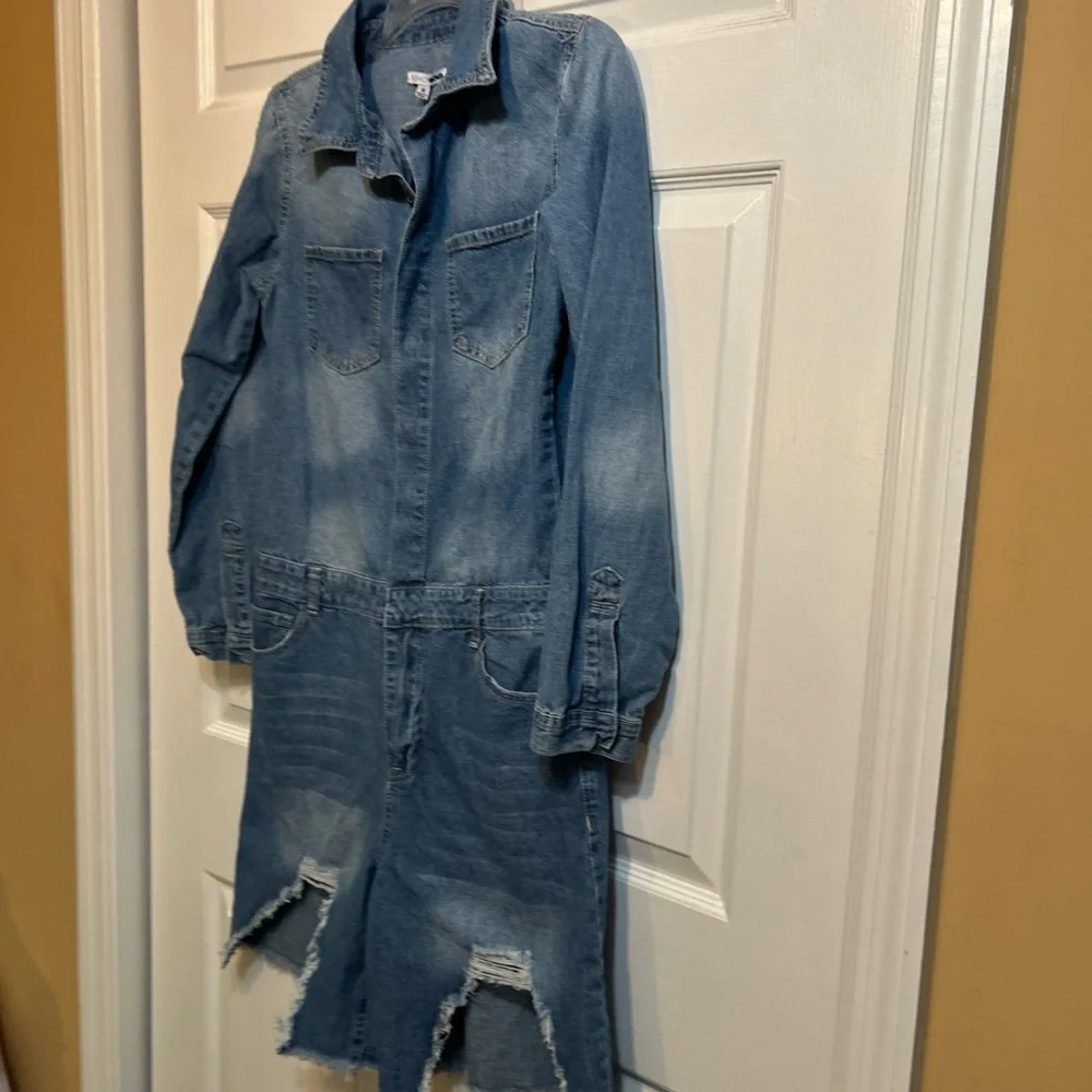Fashion Nova Light Blue Distressed Denim Jumpsuit Romper - Picture 3 of 13